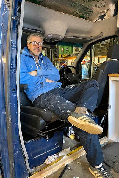 Al from the JK Team relaxing in the swivel seat in his Mercedes Sprinter campervan